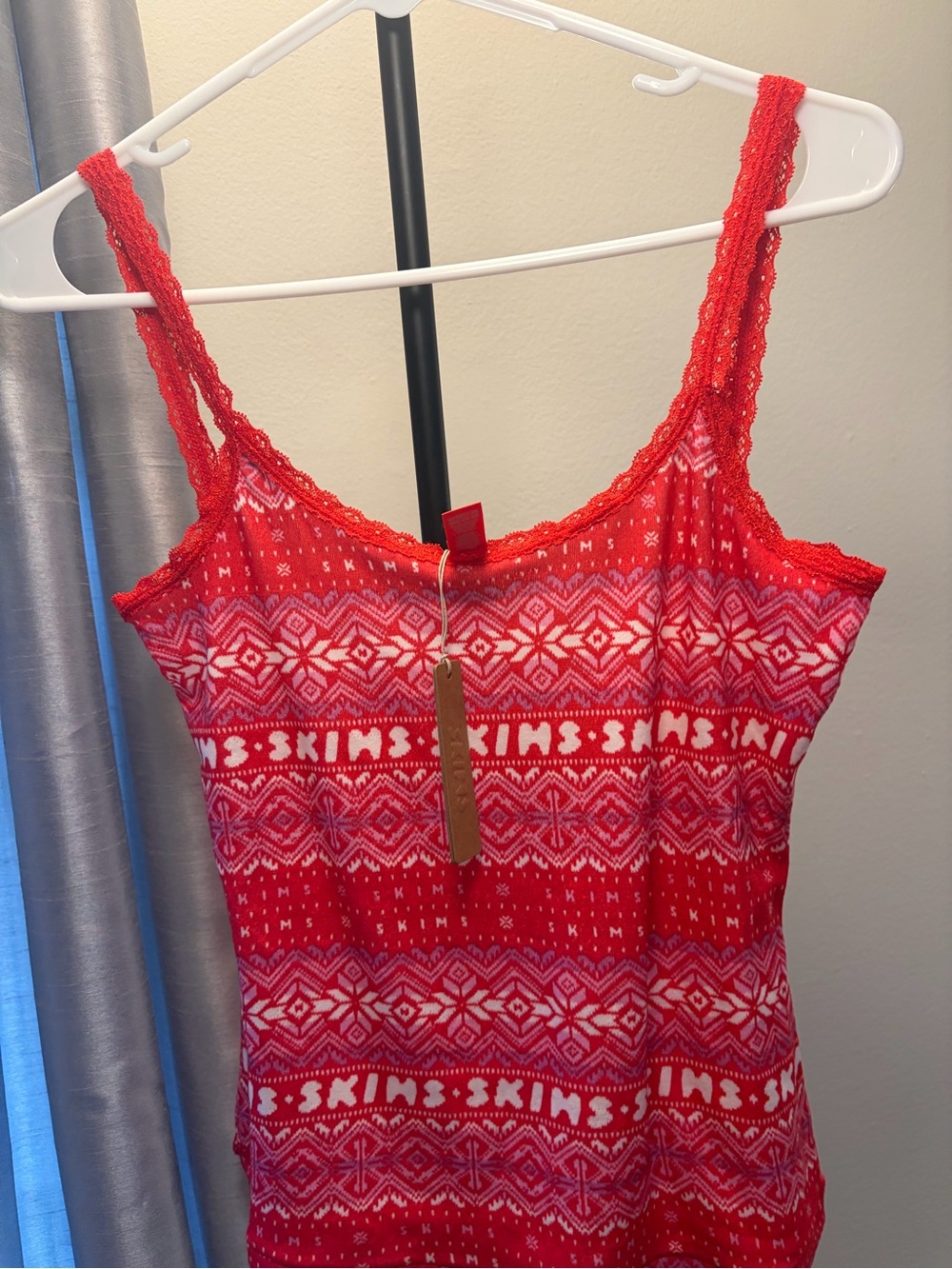 SKIMS Red Fair Isle Lace-Trim Tank Top